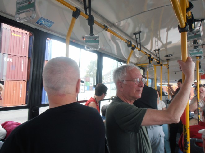 On the shuttle bus from Buenos Aires to the cruise port.  Do you folks mind moving over so I'm not standing on the red line?